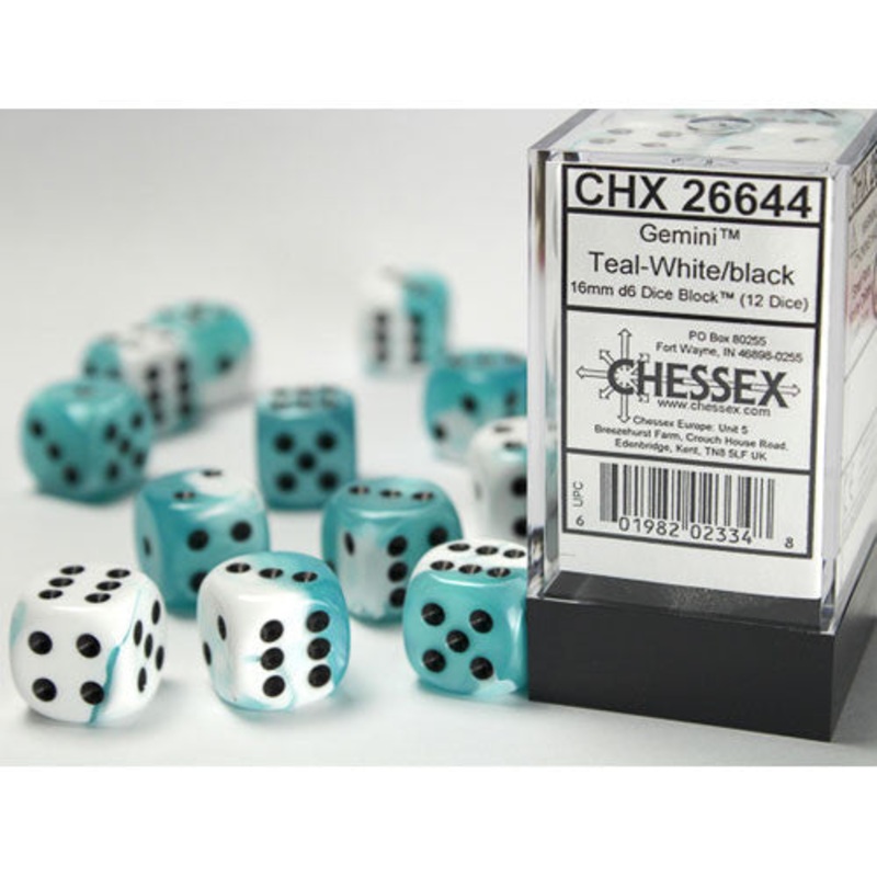 Gemini 16mm D6 White-Teal/Black Dice Set (12) CHX26644