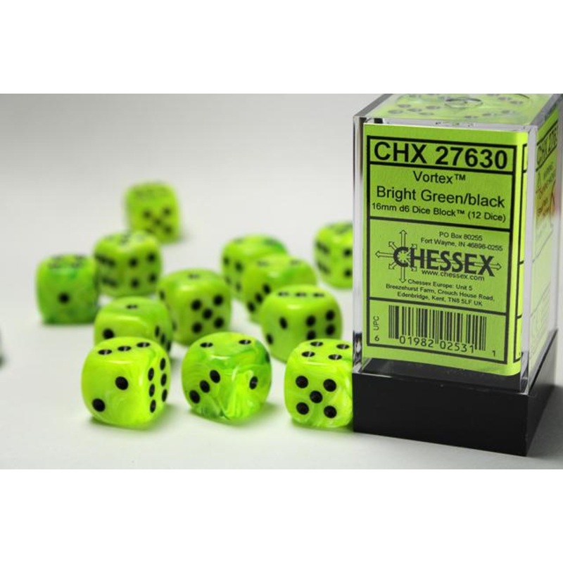 Chessex 16mm Dice, D6: Vortex Green/Black(12-Die Set)