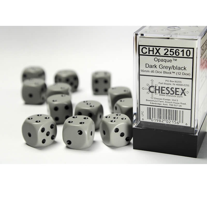 16mm D6 Opaque Grey/Black Dice (12) CHX25610